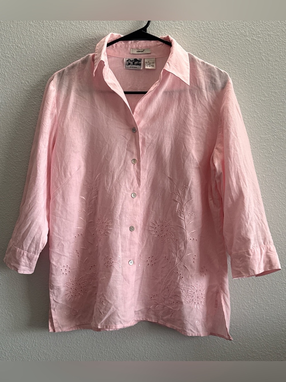 Edward Irish Linen Pink Embroidered Eyelet Button Front Blouse Size Small